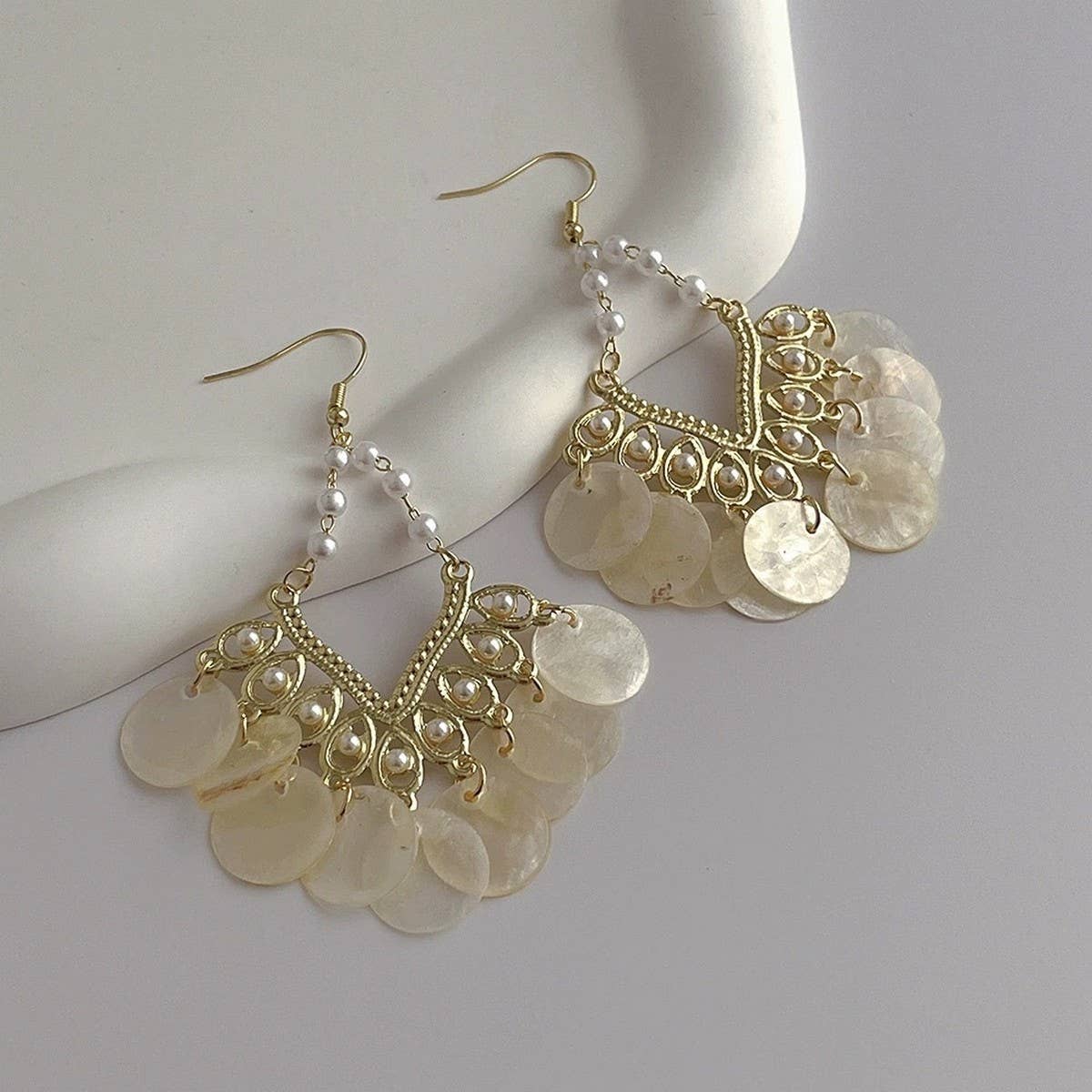 FRENCH GEOMETRIC SCALLOPED SHELL TASSEL EARRINGS