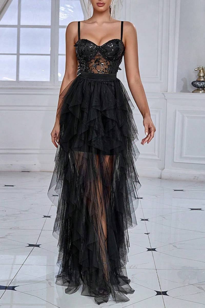 CWDHL0382_SLEEVELESS SEQUIN MESH EVENING DRESS