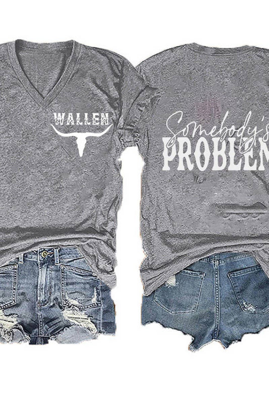 Cwtts1055_Double Sided Printed V Neck Short Sleeved T Shirt