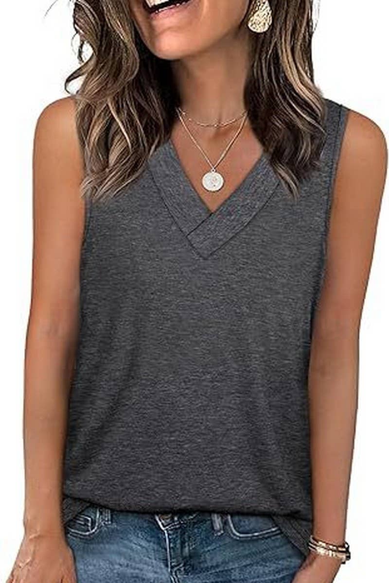 Cwtblsl0908_Solid V-Neck Sleeveless Casual Tank Top