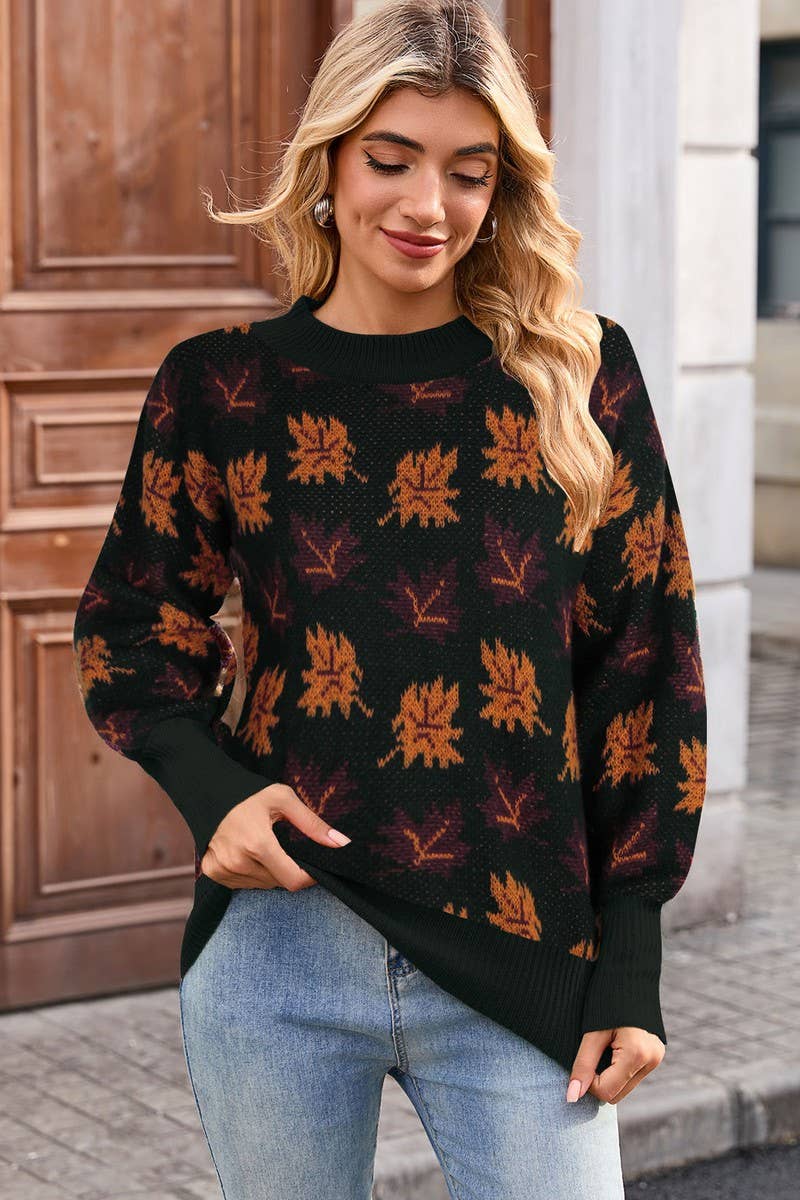 CWOSWL07299_CASUAL CREWNECK JACQUARD KNIT SWEATER WITH LEAF