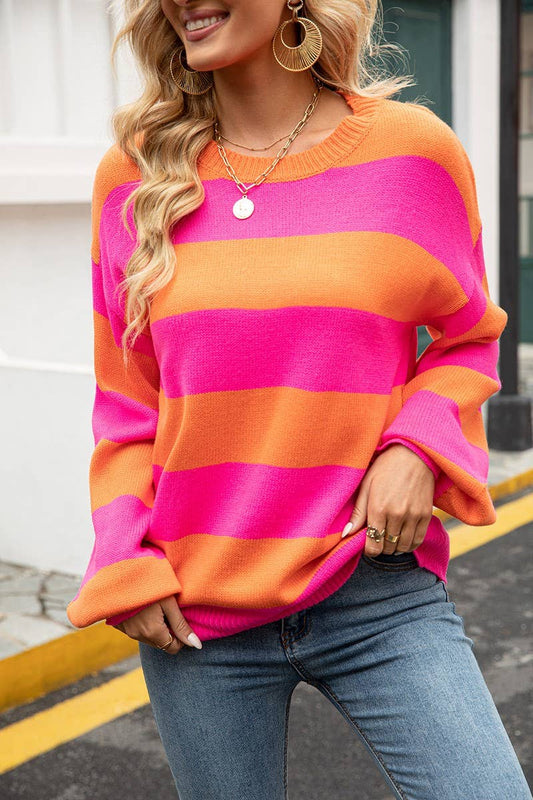 Cwoswl3148_Striped Contrast Crew Neck Knitted Loose Sweater