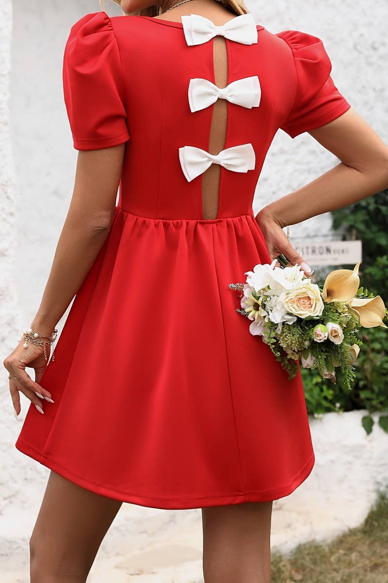 CWDSD7574_VINTAGE FRENCH SQUARE NECK BOW BACKLESS DRESS