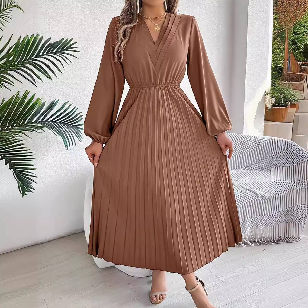TRIPLE V-NECK LONG-SLEEVED WAIST PLEATED DRESS