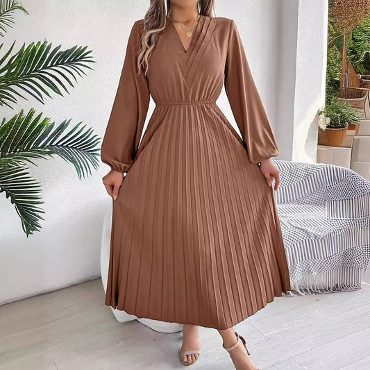 TRIPLE V-NECK LONG-SLEEVED WAIST PLEATED DRESS