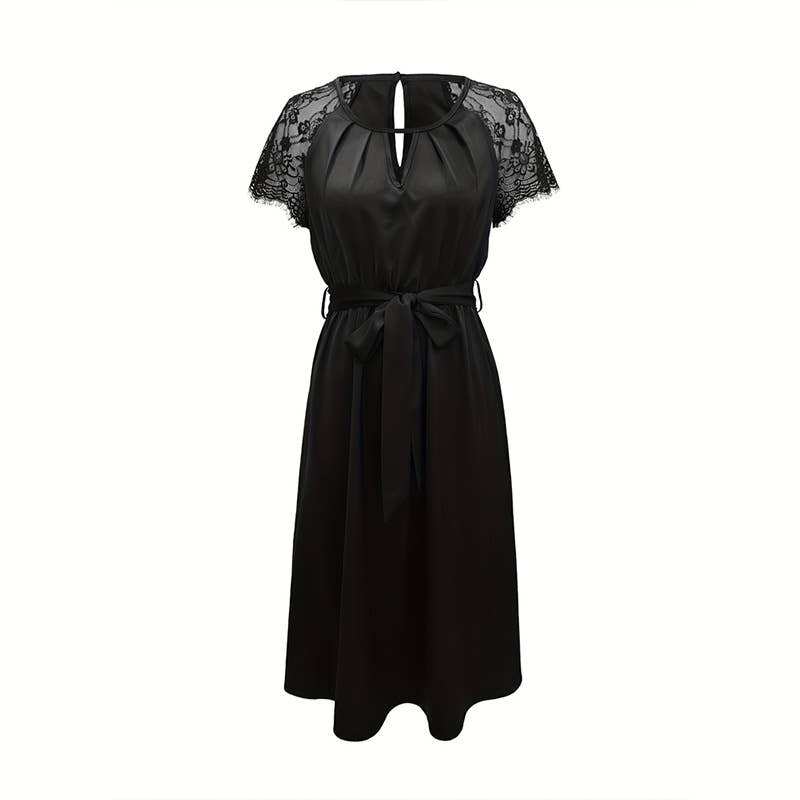 Patchwork see-through cuff cuff lace-A-line dress