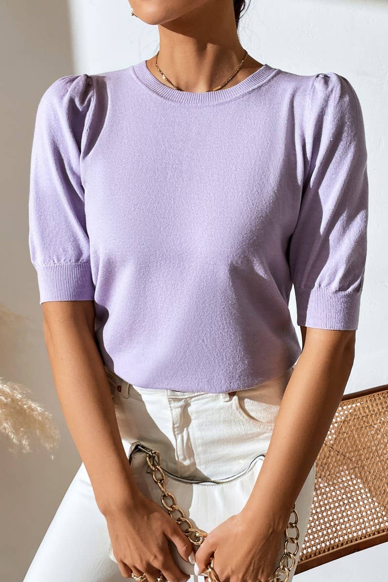 Cwtts0731_Crew Neck Puff Short Slv Soft Pullover Sweater