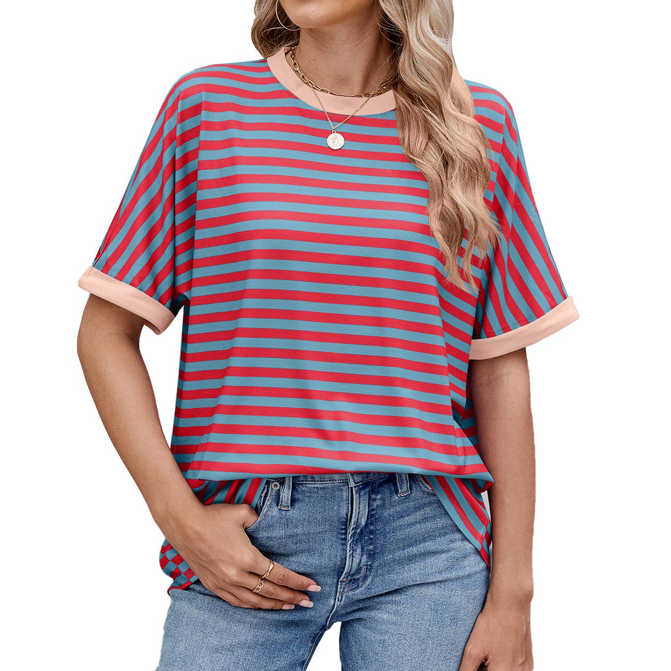 Round neck sleeved striped short-sleeved T-shirt