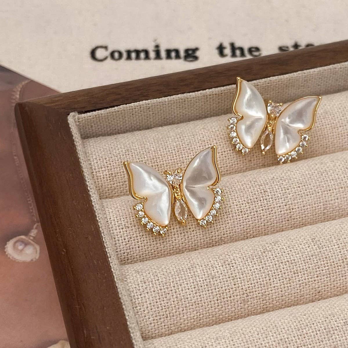 WHITE MOTHER-OF-PEARL ZIRCONIA BUTTERFLY EARRINGS