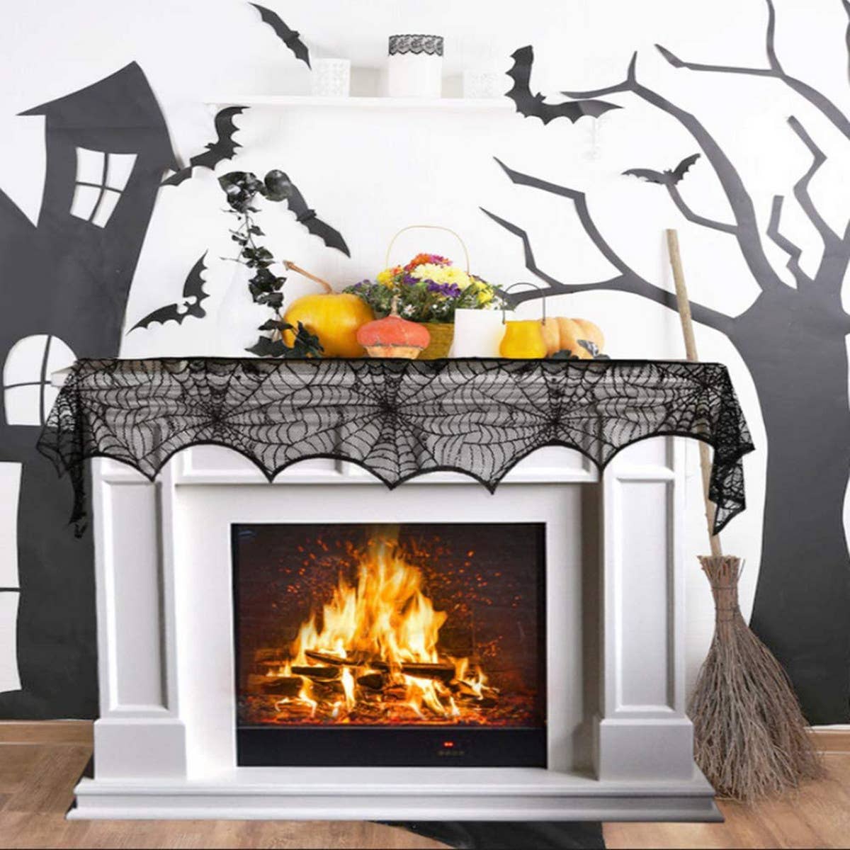 HALLOWEEN FIREPLACE LACE SKULL TABLE RUNNER