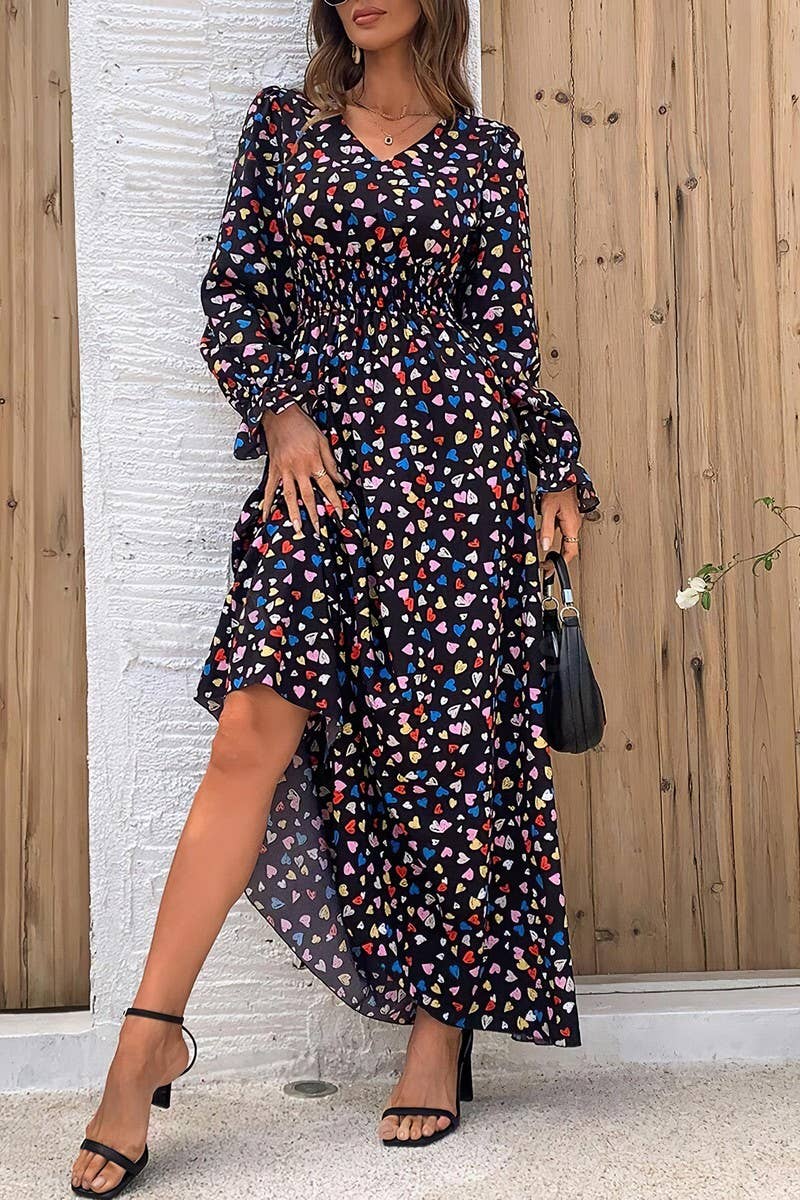 CWDMD4100_PRINTED V-NECK LONG-SLEEVED SWING DRESS