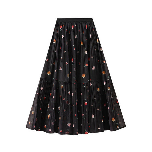 Reversible Floral Mesh Pleated Midi Skirt
