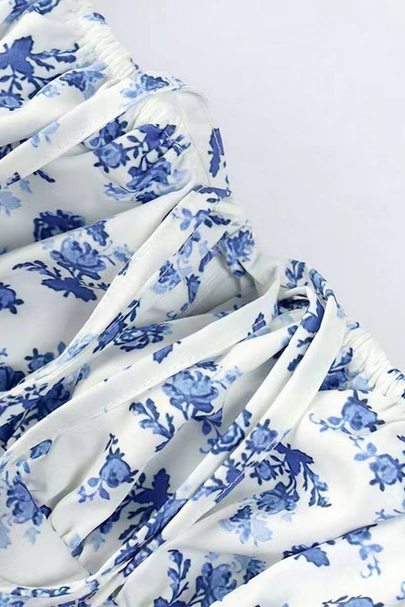 CWDMD5627_SEXY RUCHED PUFF SLEEVE TIE SLIT MIDI DRESS