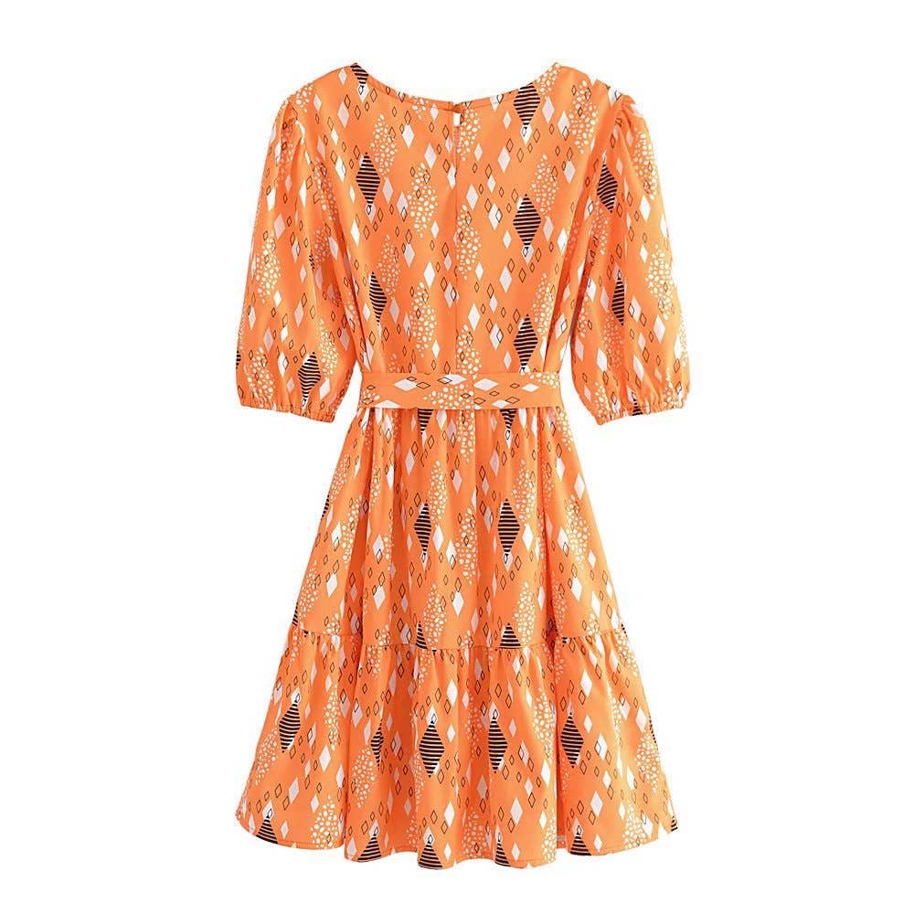 PRINTED CREW NECK FROCK WITH PUFFY SLEEVES