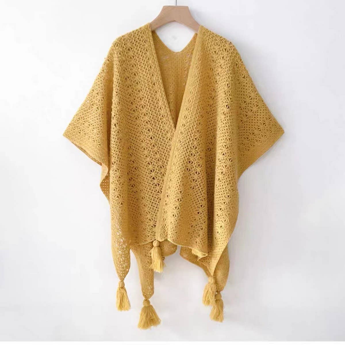 CWASC1795_VINTAGE HOLLOW KNITTED TASSEL SLIT SHAWL