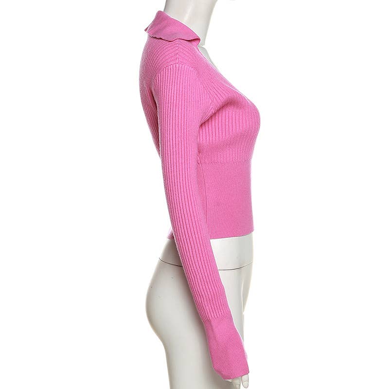 LONG SLEEVE LAPEL SOLID COLOR SLIM CROP KNIT TOP