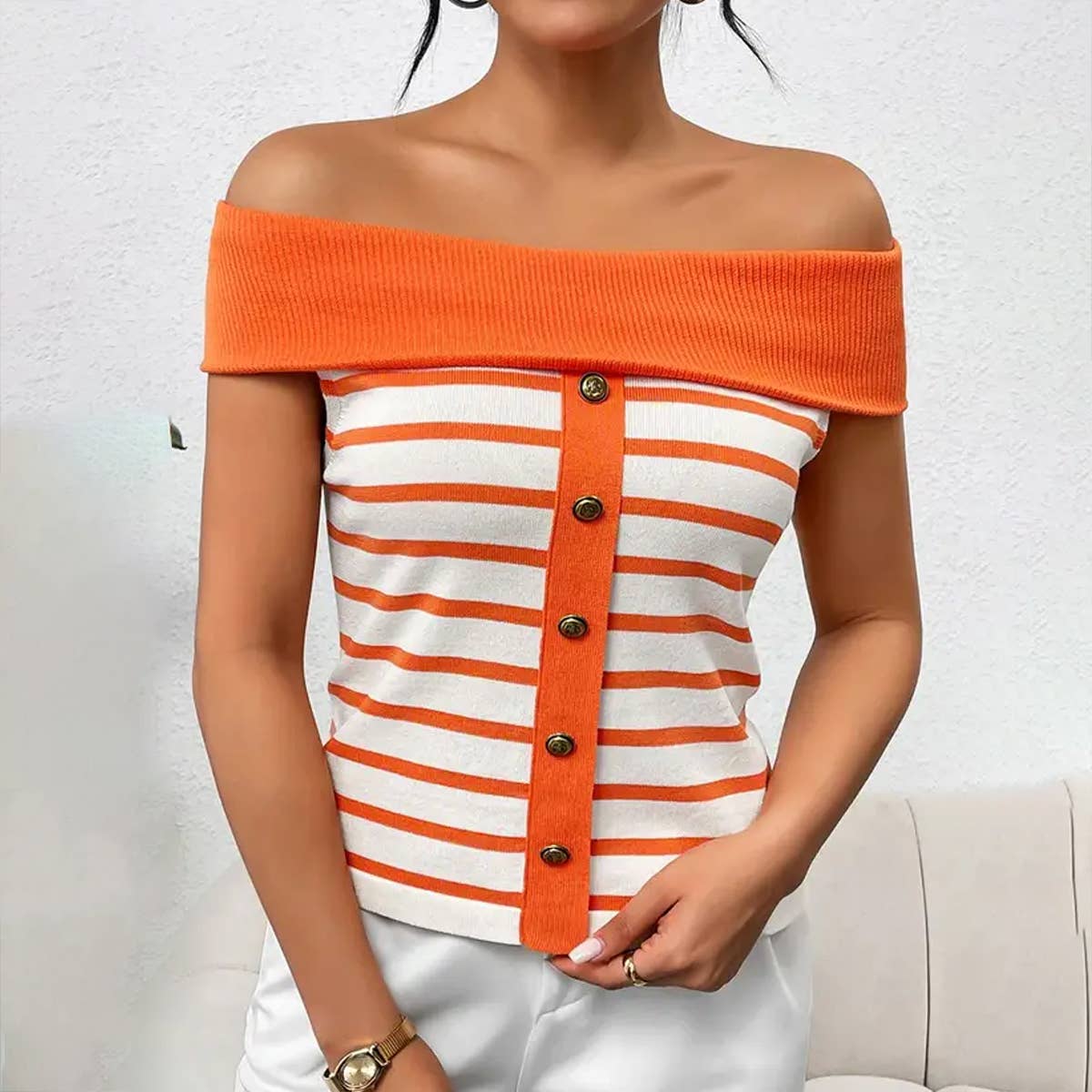 STRIPED OFF THE SHOULDER LINE NECK SWEATER_CWOSWS0056