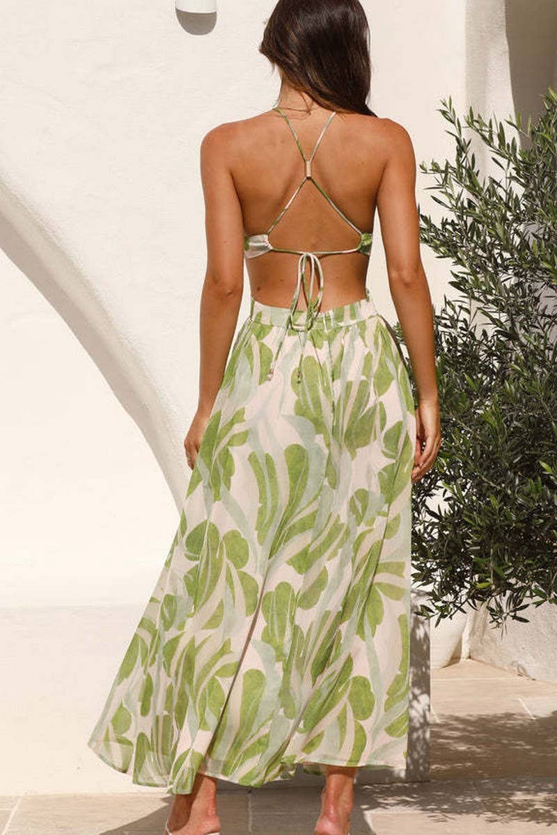 CWDMD5681_V-NECK HALTER BACK TIE PRINT LONG DRESS