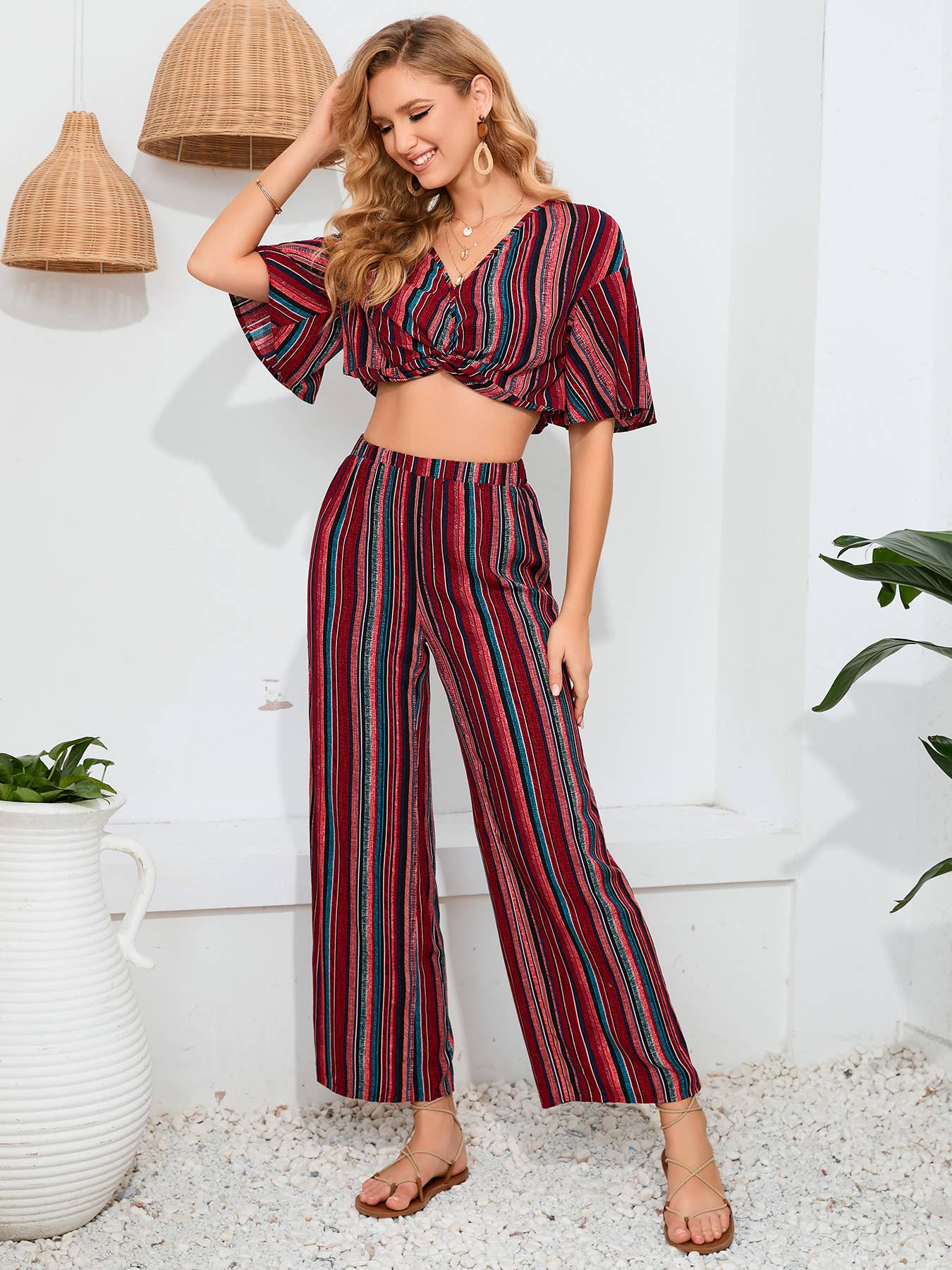 Striped pants short sleeve top two-piece set