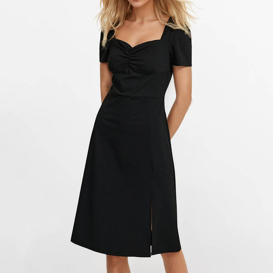 Retro square collar slim-fit pleated waist dress