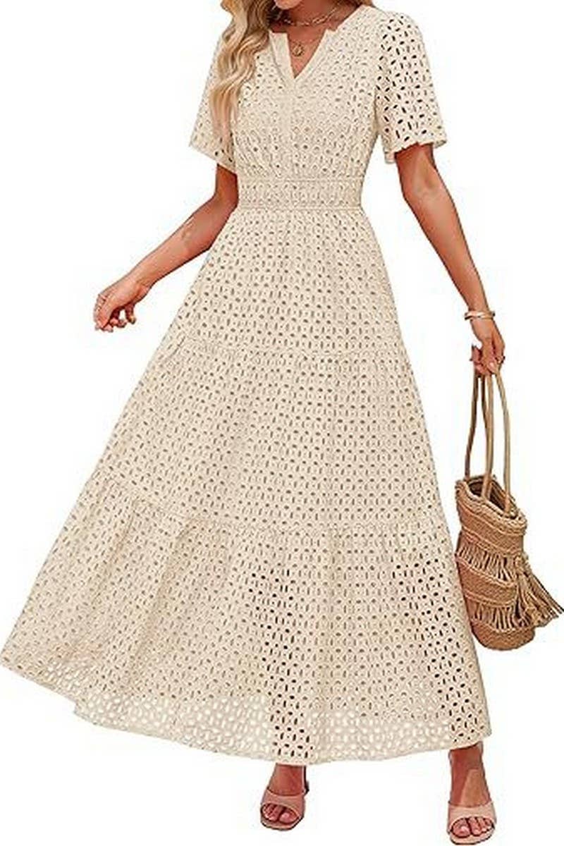 CWDMD6339_V-NECK HOLLOW EYELET PLEATED SHORT SLEEVE DRESS