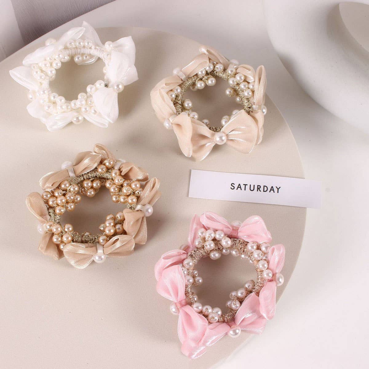 Elegant Pearl Satin Bow Elastic Hair Tie