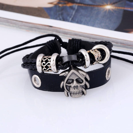 NEW BEADED SKULL BRAIDED LEATHER BRACELET