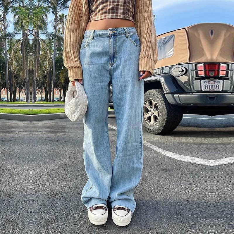 Solid color wide leg straight leg denim pants