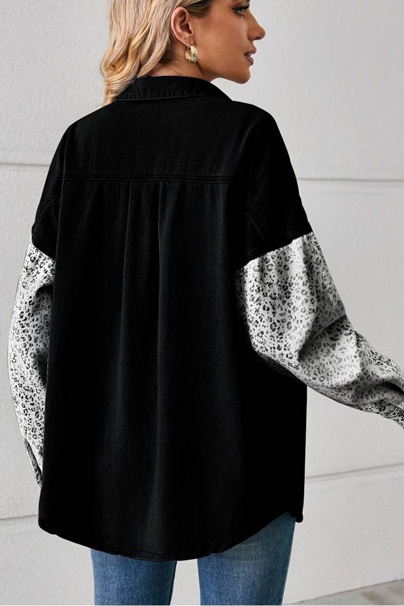 LEOPARD LONG SLEEVE PATCHWORK DENIM SHIRT CARDIGAN_CWJT0020