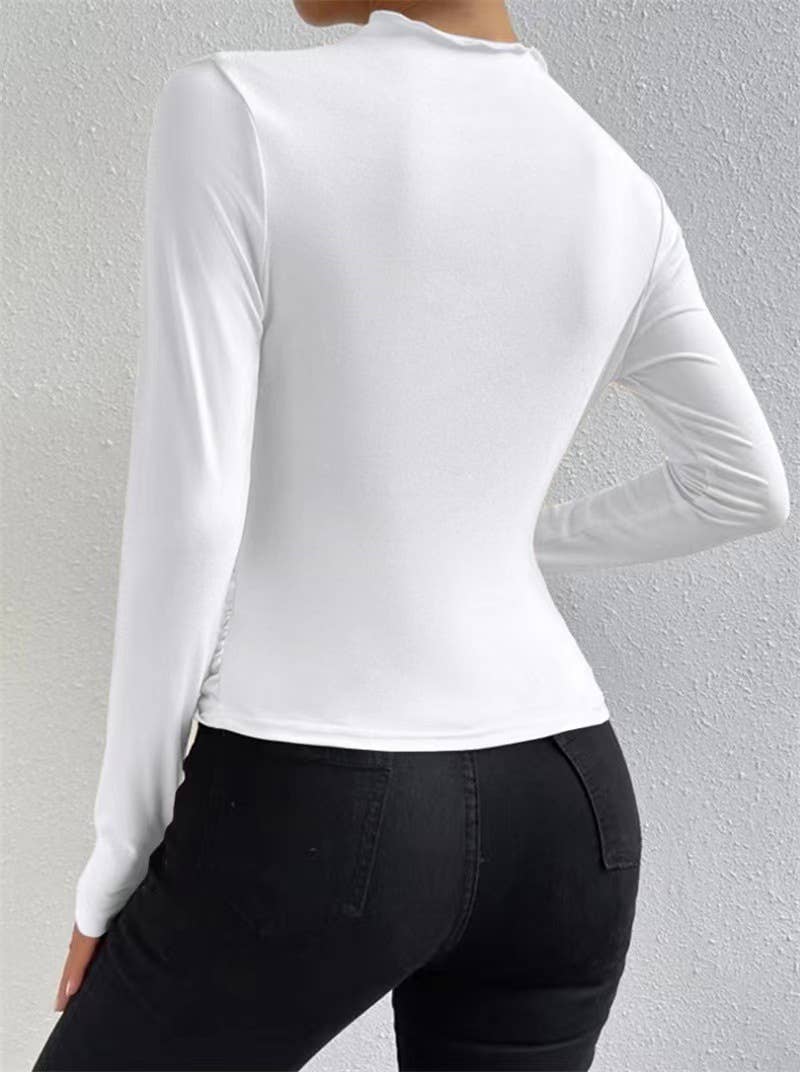Solid-color fitted, pleated long-sleeved T-shirt