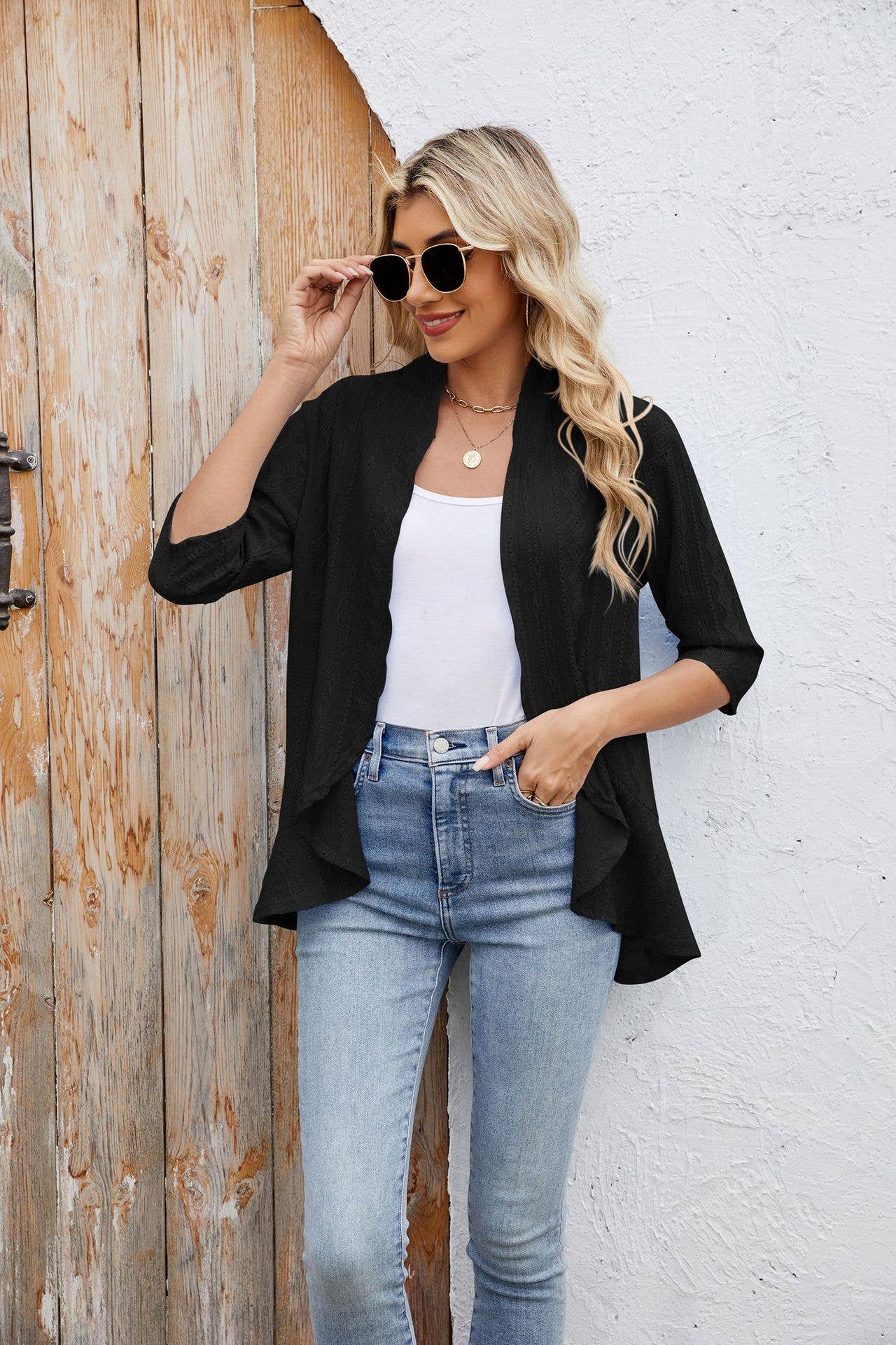 Three-quarter sleeve ruffled solid color cardigan