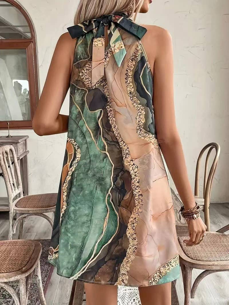 Round-neck striped printed body-hugging dress