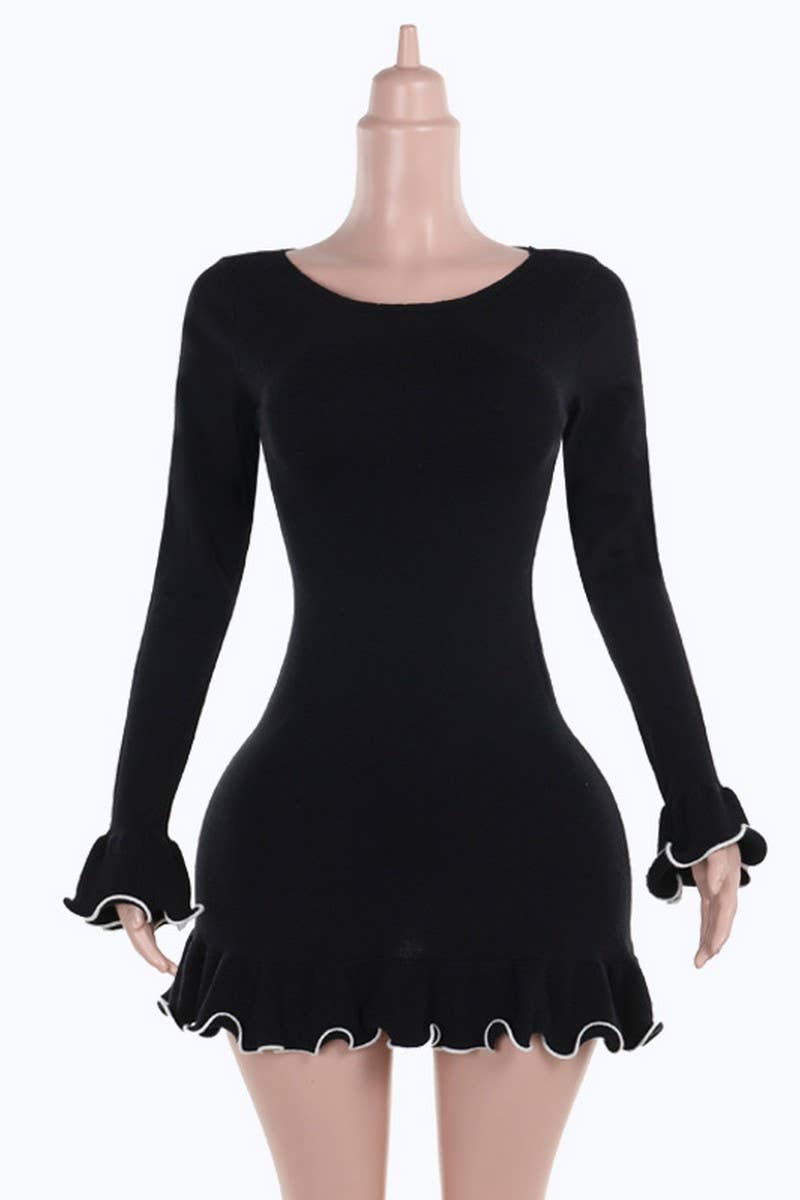 CWDSD6707_CONTRAST COLOR WAVE HEM A-LINE KNIT DRESS