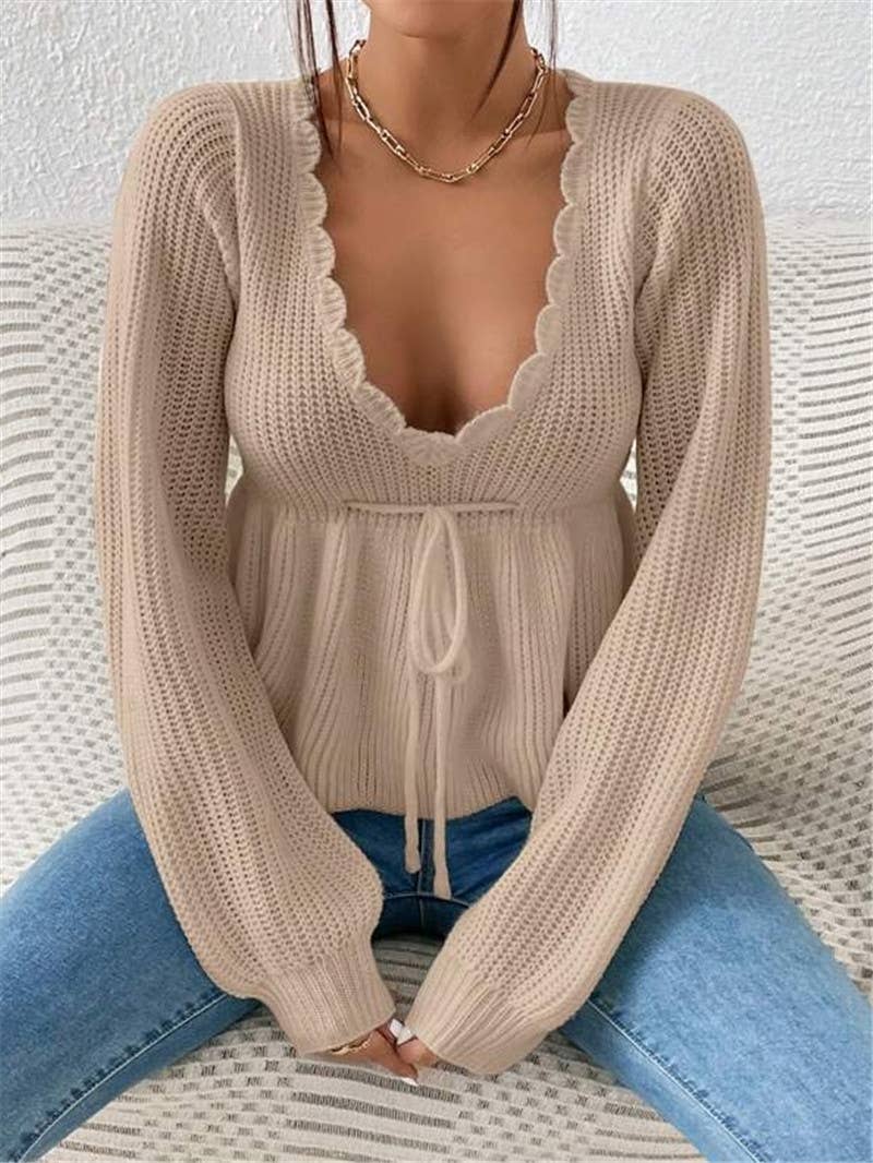 V-neck drawstring tie ruffled hem knit sweater