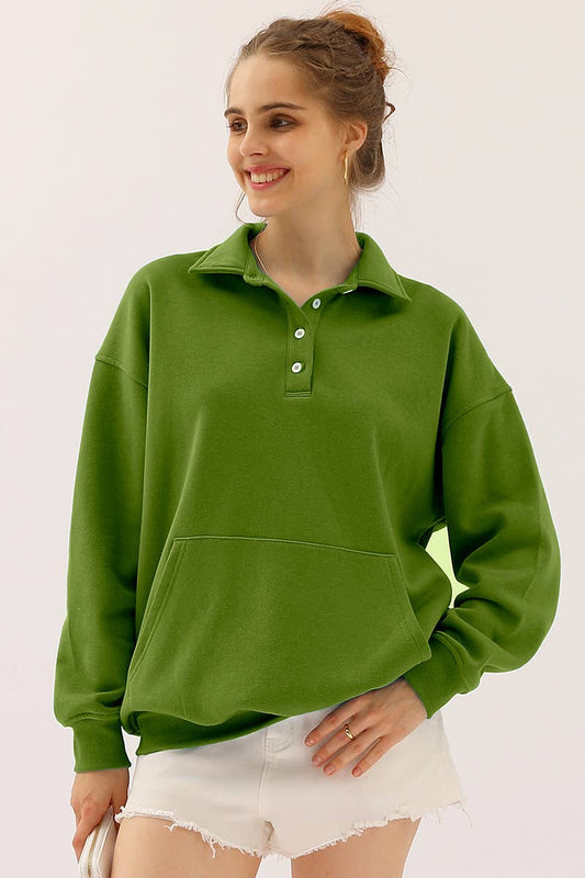 Cwttl904_Botton Collar Sweatshirt With Kangaroo Pocket