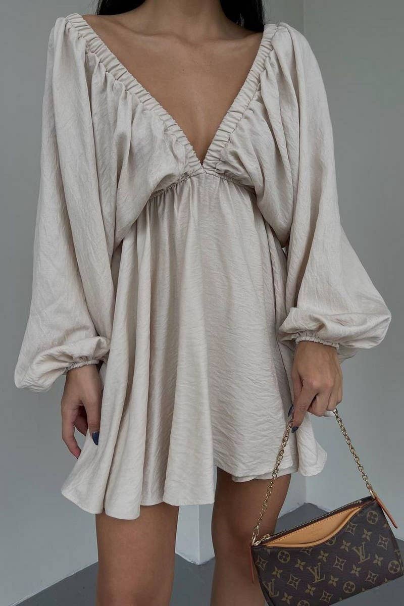 CWDSD6540_SOLID COLOR LANTERN SLEEVE V-NECK SEXY DRESS