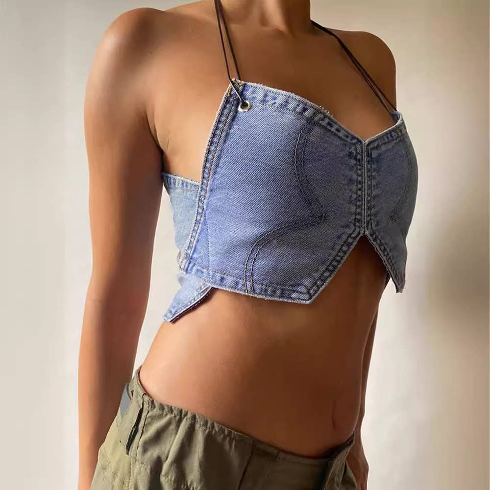 Unique denim strapless crop top streetwear