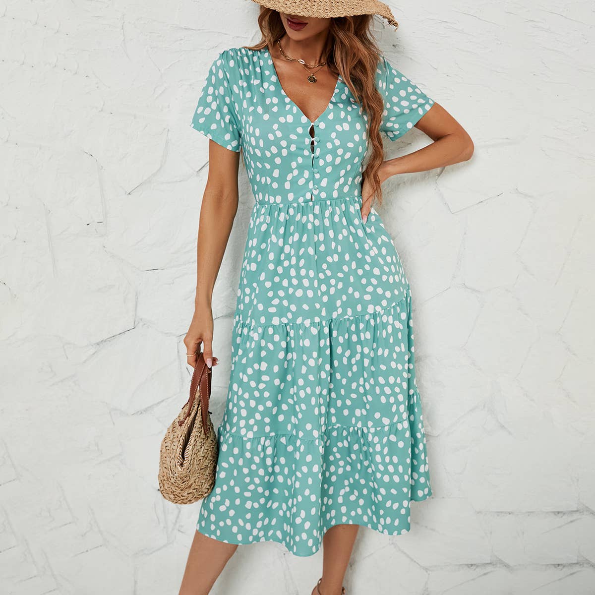 V-neck printed breasted waist dress