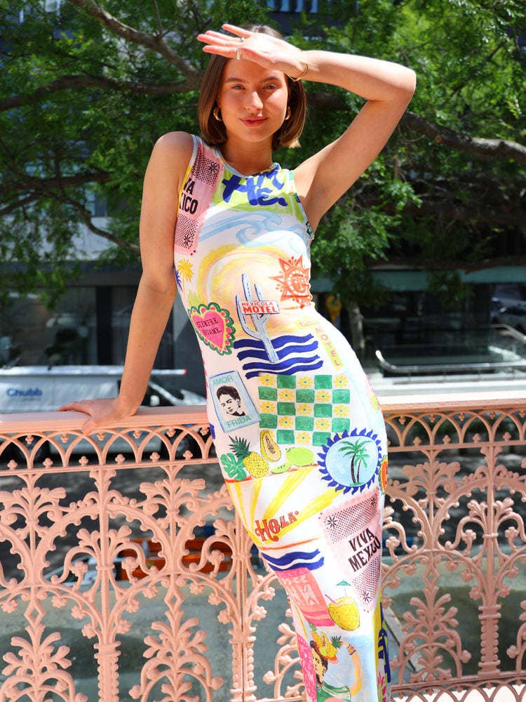 Fashion personality print sleeveless slim dress