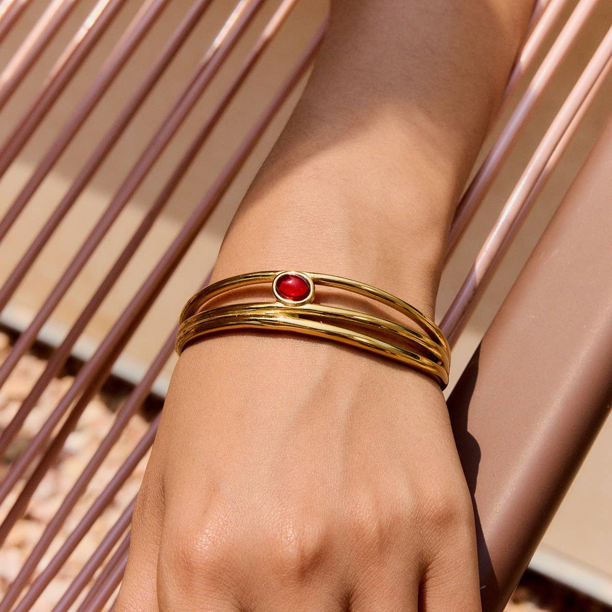 Luxury 18K Gold Triple Layer Red Stone Open Cuff
