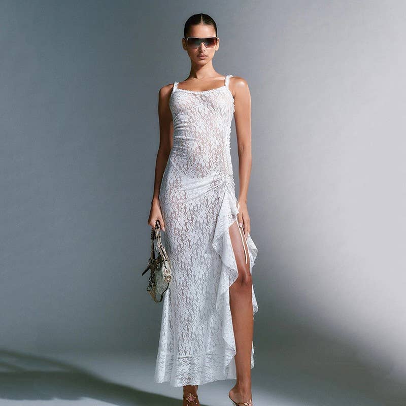 Lace semi-transparent halter one-shoulder dress