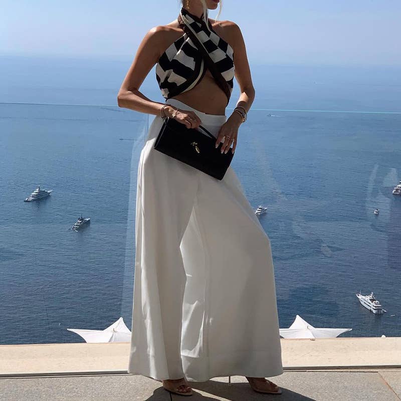 STYLISH SOLID COLOR VACATION STYLE WIDE-LEG PANTS