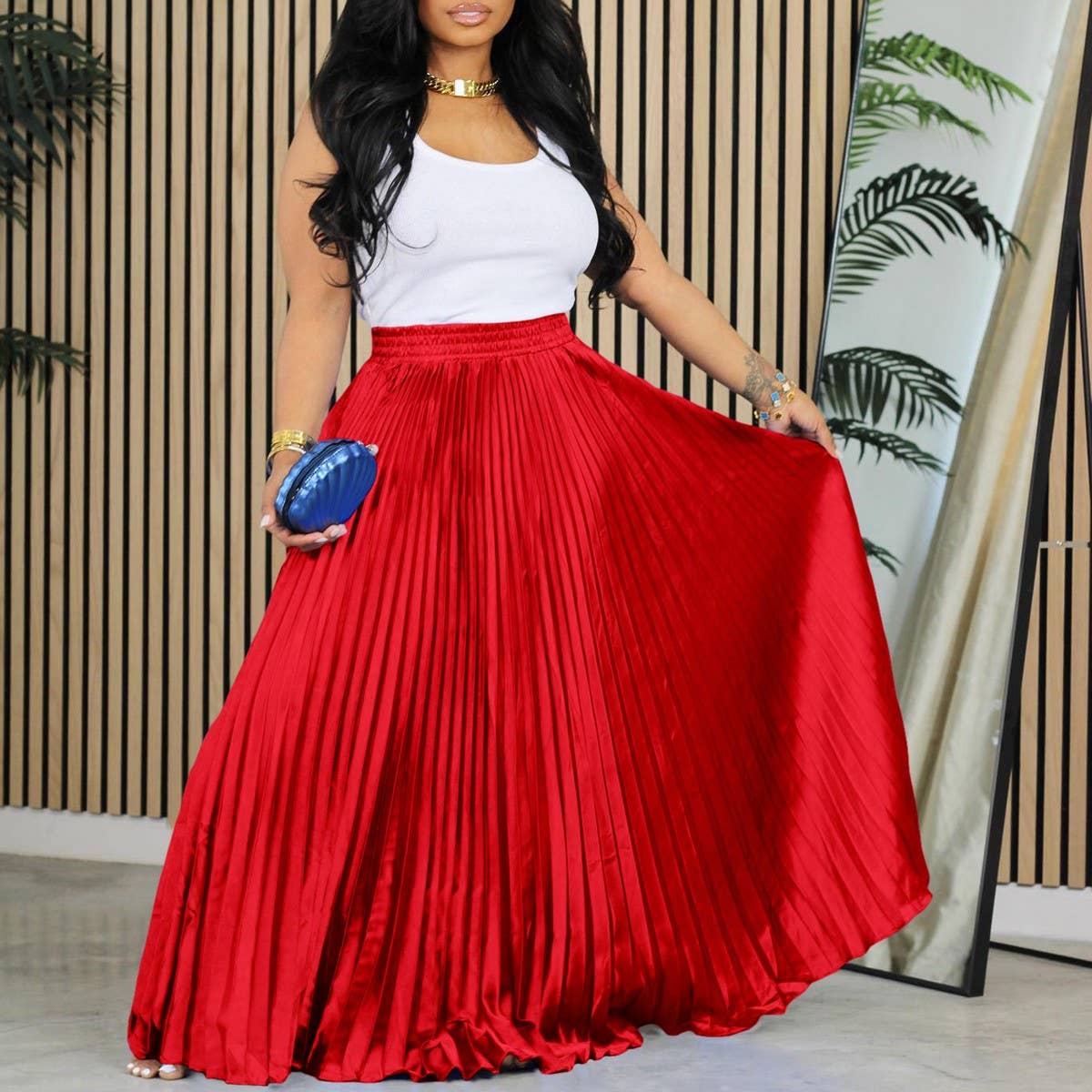 PLUS SIZE MID-HIGH WAIST PLEATED LONG SKIRT_CWDMD3676