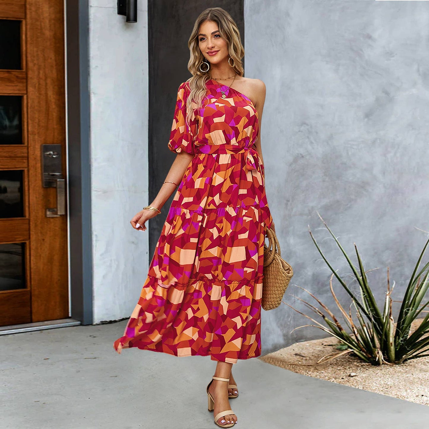 SLANT SHOULDER PRINTED LANTERN SLEEVE DRESS