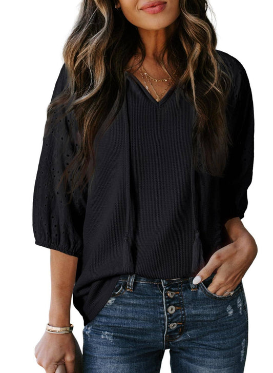 Women¡¯s jacquard waffle V-neck puff sleeve top