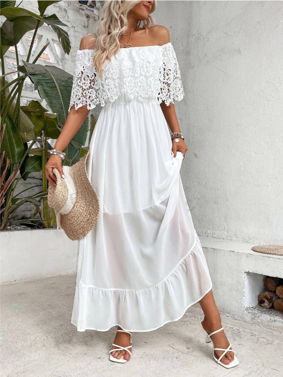 Off-the-shoulder lace patchwork ruffled dress