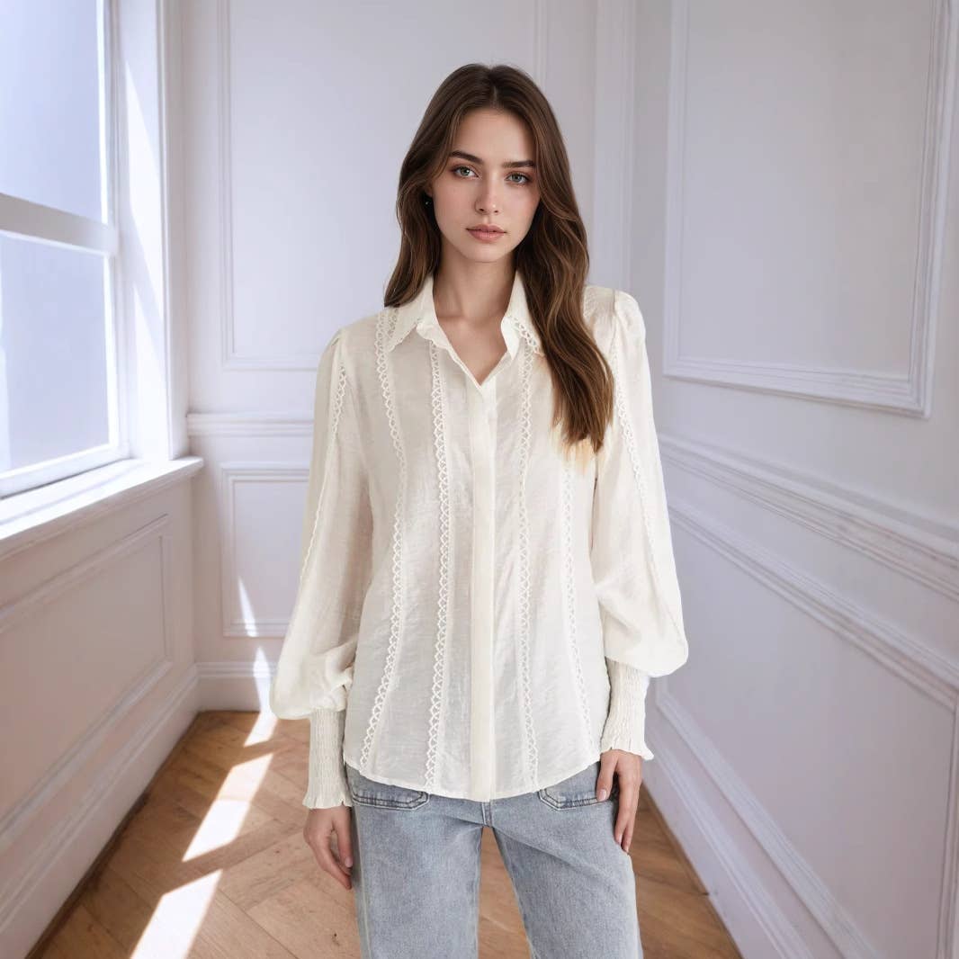 Lantern sleeve fabric lace trim fashion shirt