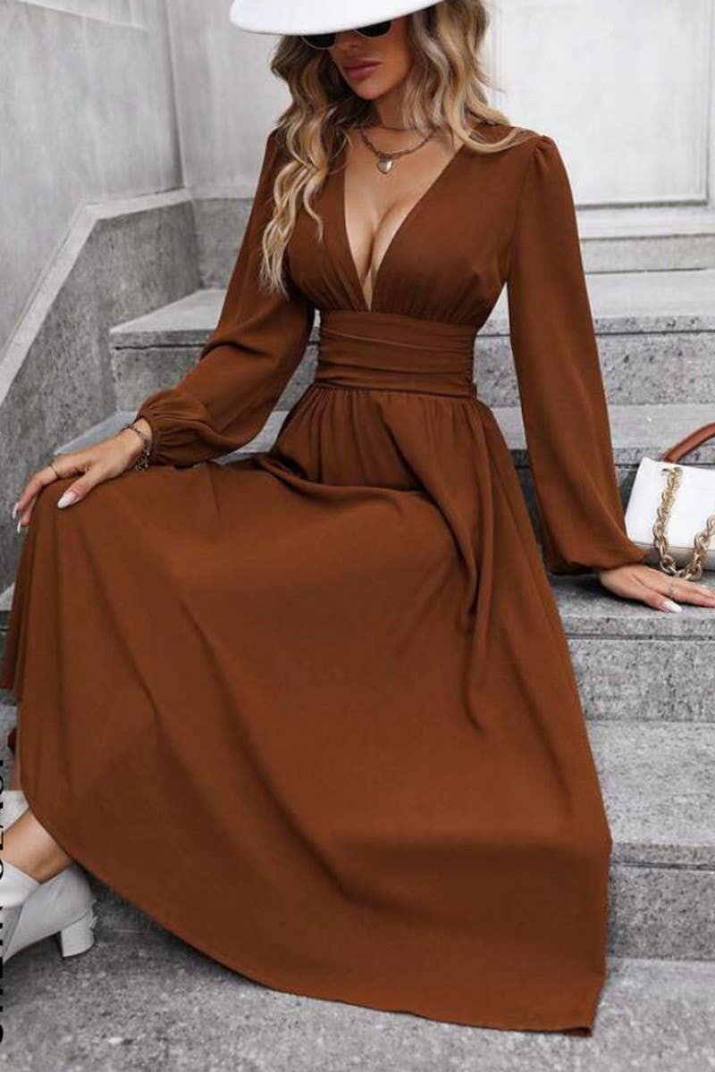 ELEGANT V-NECK PUFFED SLEEVE WAIST SLIT DRESS