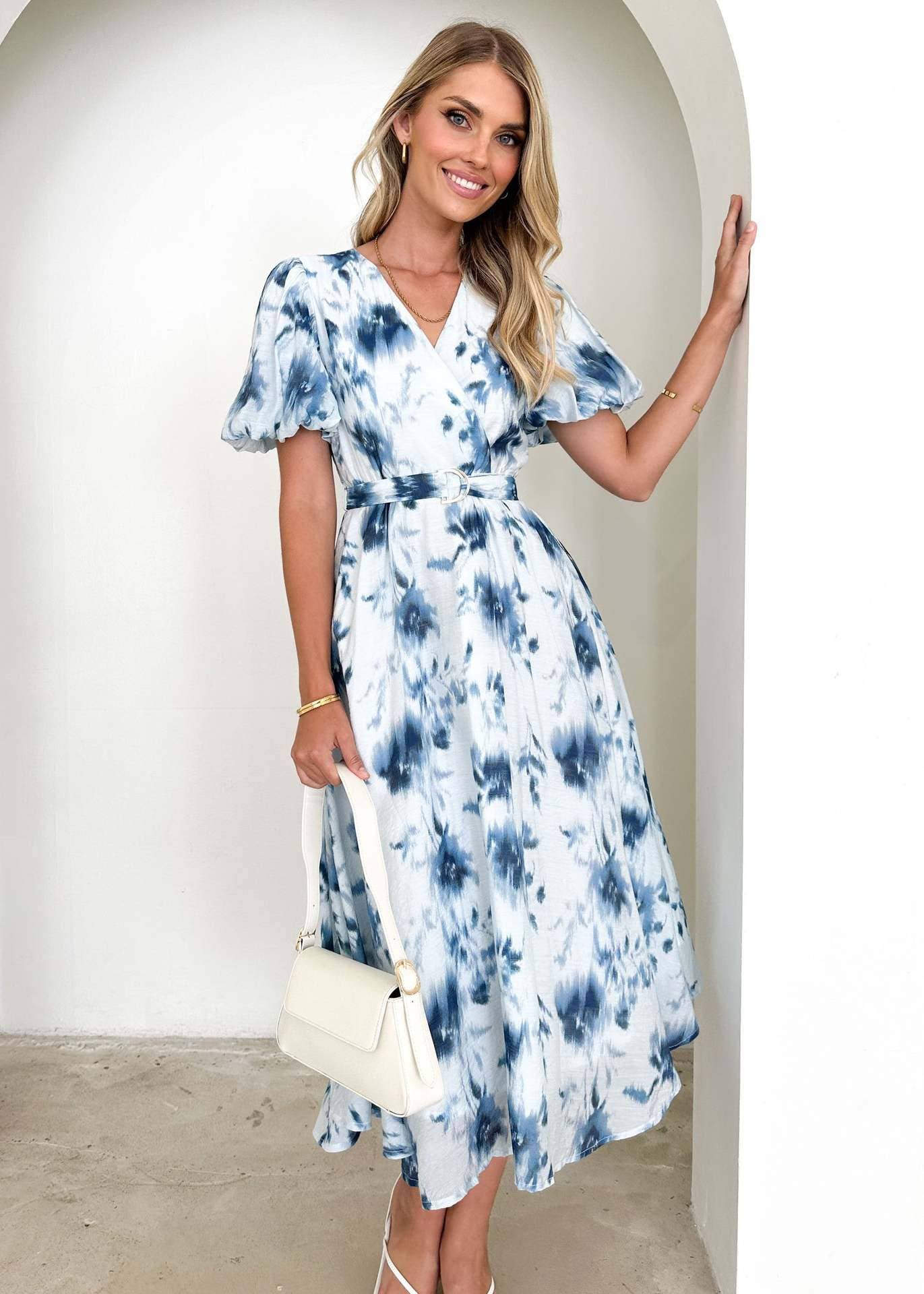 Puffy sleeve print sexy women's V-neck dress