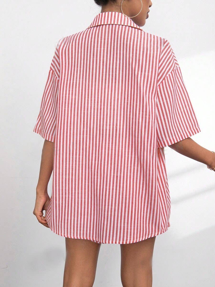 Lapel striped short-sleeved and shorts suit